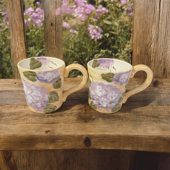 Hand-Painted Ceramic Mugs Hydrangeas 16 Oz Purple Floral Cottage Farmhouse - Picture 1 of 16